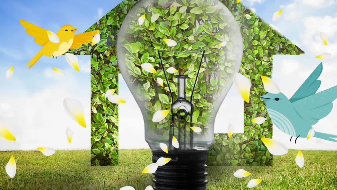 анимация лампочки с планетой земля, домом и птицами на небесном фоне