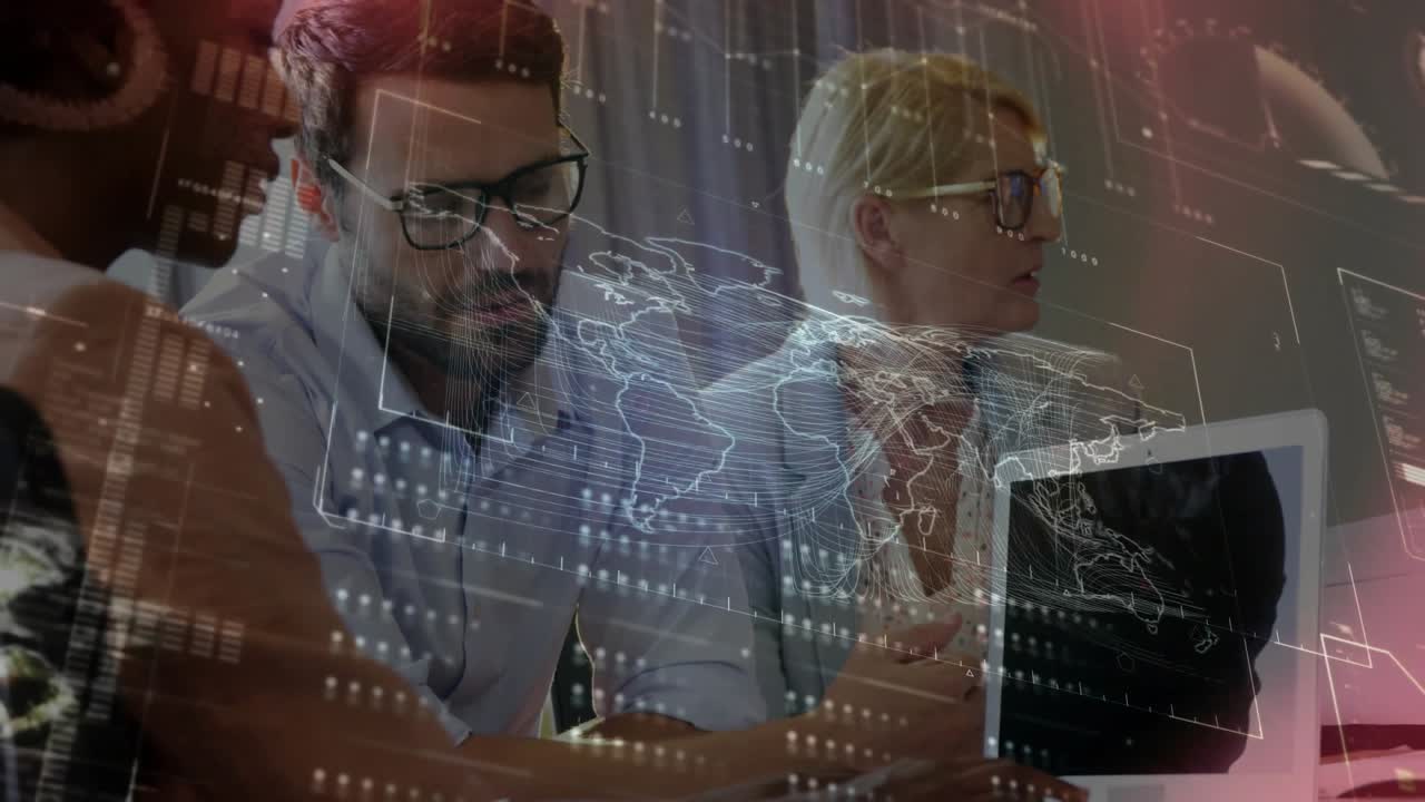 Left colleague leaning and pointing at screen, team typing and analyzing tech world map HUD