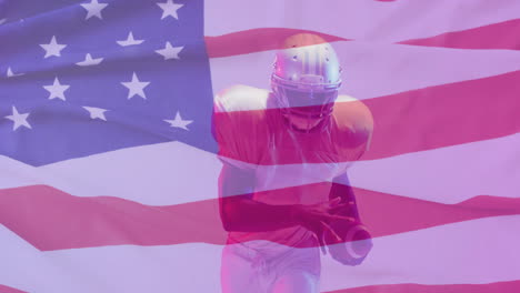 animation of african american american football player and flag of usa