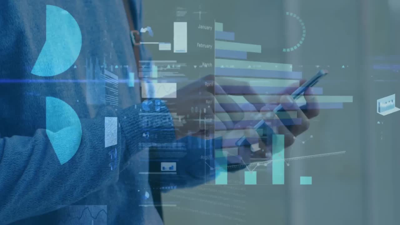 animación de gráficos, tablero de negociación, círculos de carga, hombre biracial enviando mensajes de texto a través de su teléfono inteligente