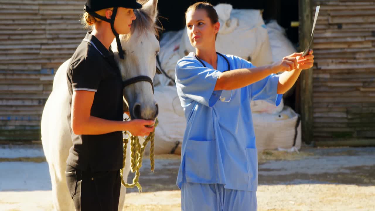 수의사 와 여성 이  ⁇ 스레이 4k 를 통해 논의 하고 있다