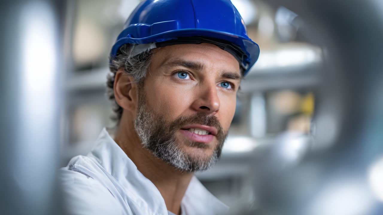 Professionista concentrato con cappello, impegnato in una discussione tecnica in un ambiente industriale, mentre esprime idee e intuizioni ai colleghi sullo sfondo.