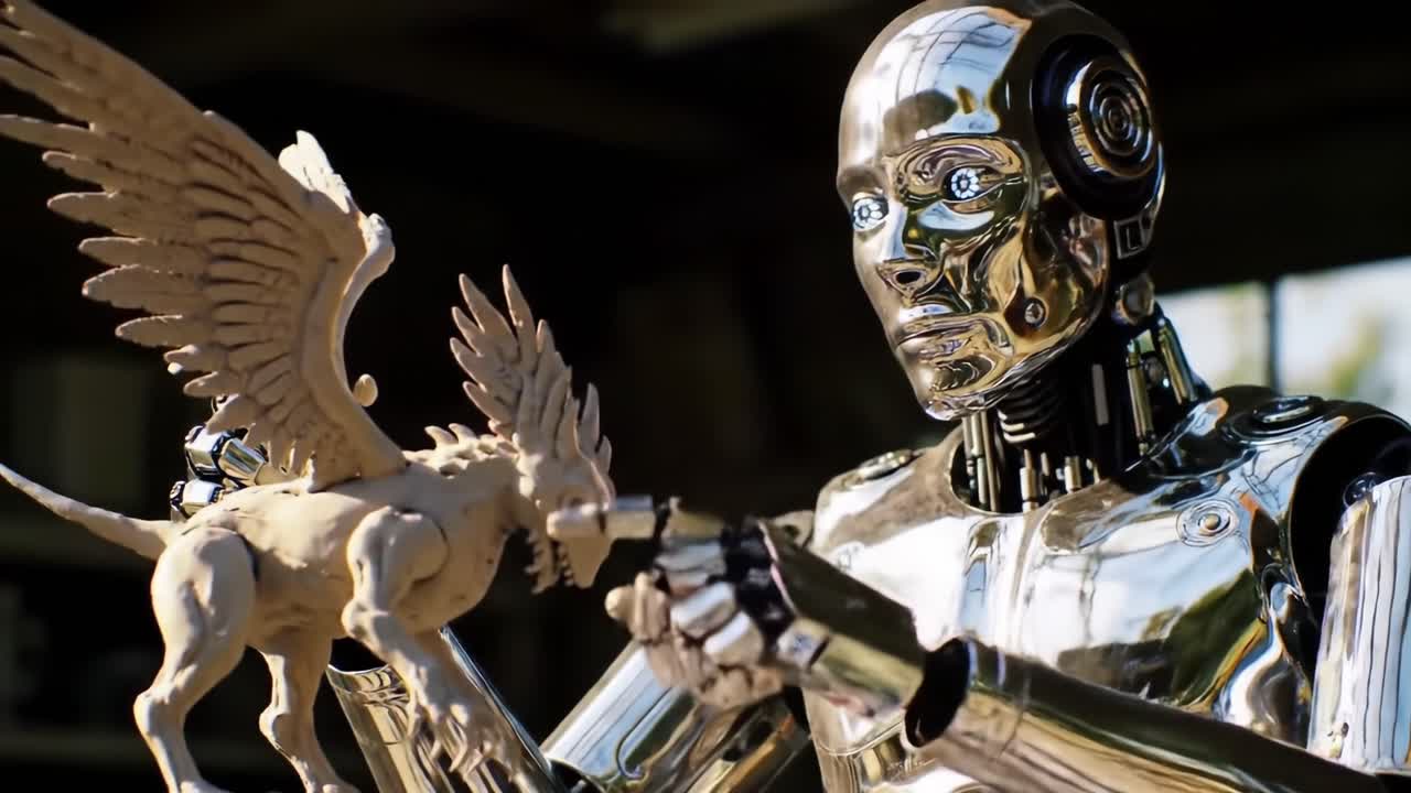 A Futuristic Interaction Between a Lifelike Robot and a Mythical Creature, Showcasing Advanced Technology and Imaginative Sculpture in a Captivating Artwork