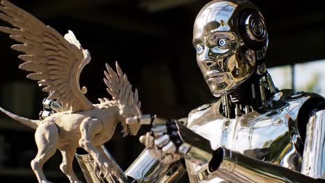 a futuristic interaction between a lifelike robot and a mythical creature, showcasing advanced technology and imaginative sculpture in a captivating artwork