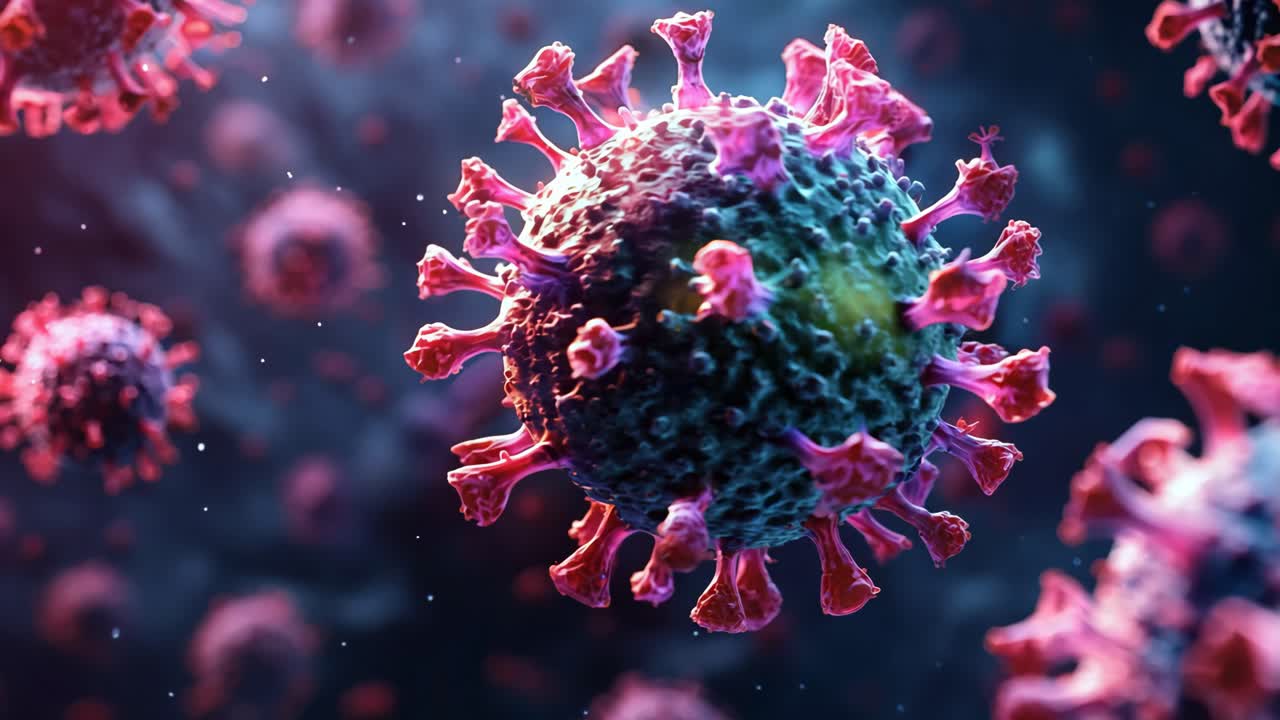 A close up of a virus with pink and blue colors. The virus is surrounded by other viruses, creating a sense of chaos and danger