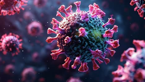 a close up of a virus with pink and blue colors. the virus is surrounded by other viruses, creating a sense of chaos and danger