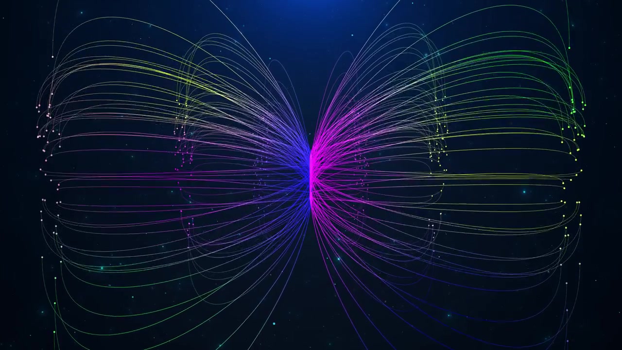 Colorful abstract line flow background with curved neon paths glowing dots dark star space