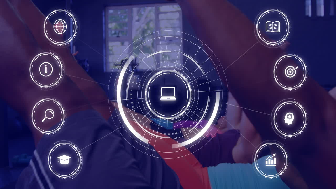 Digital interface animation over person exercising indoors