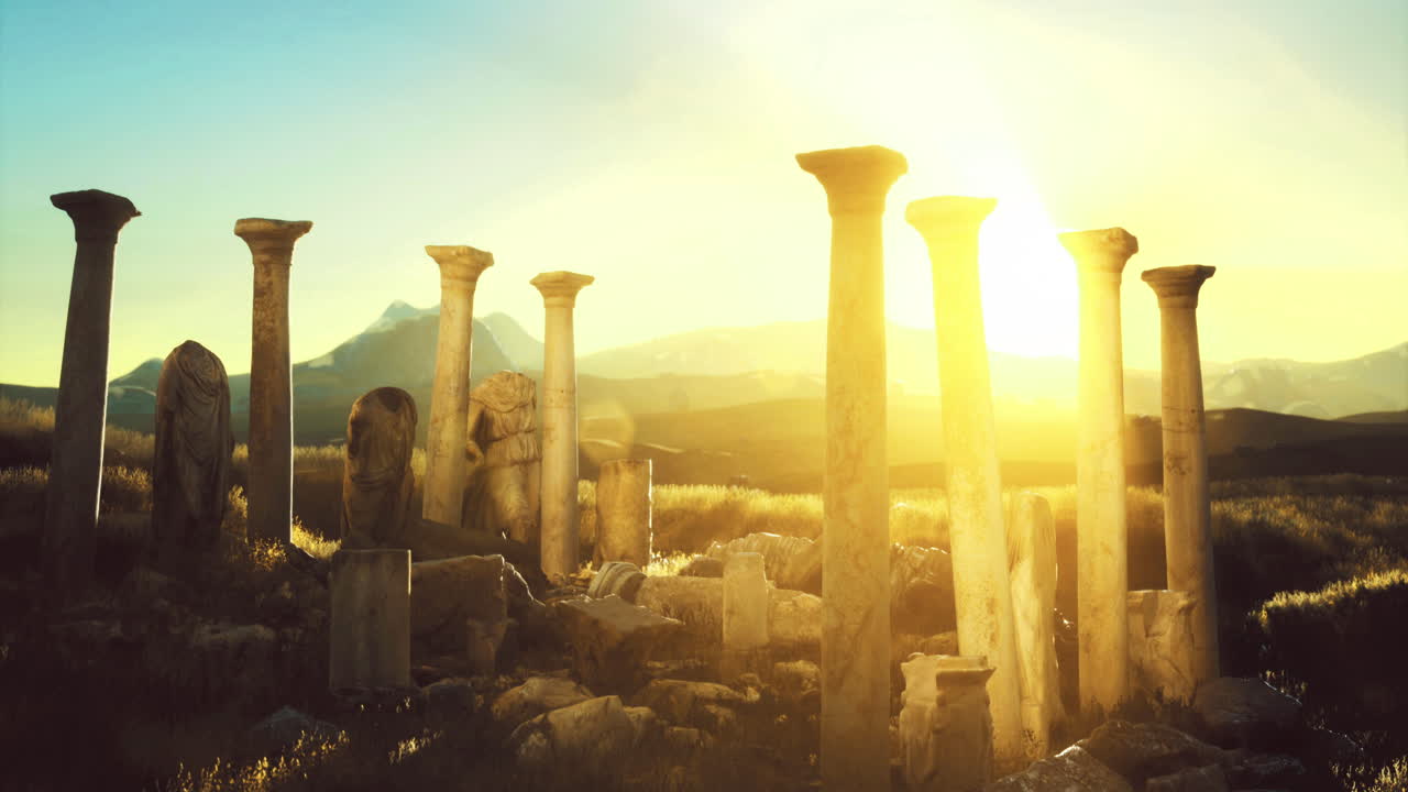 Ancient columns basking in sunlight at a historic site during sunset