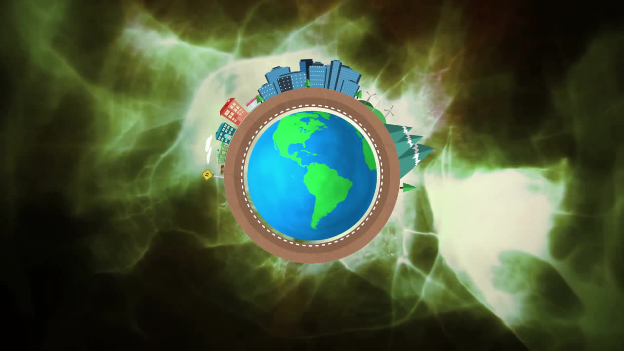 Stylized Earth globe rotating, showing ring road, buildings, turbines, mountains, motorcycle