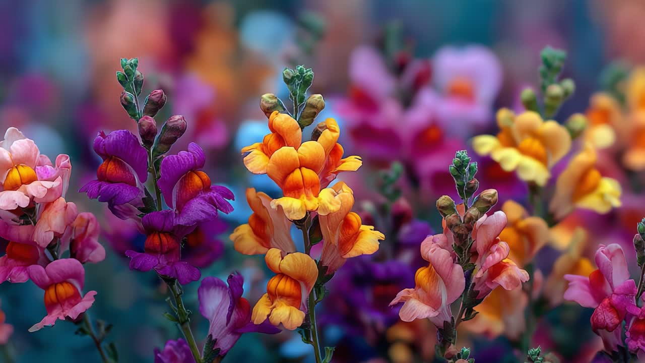Esposizione vibrante di bocche di leone: una bellissima gamma di colori in fiore, che mostra le loro forme uniche dei petali e tonalità vivaci in una composizione floreale accattivante.