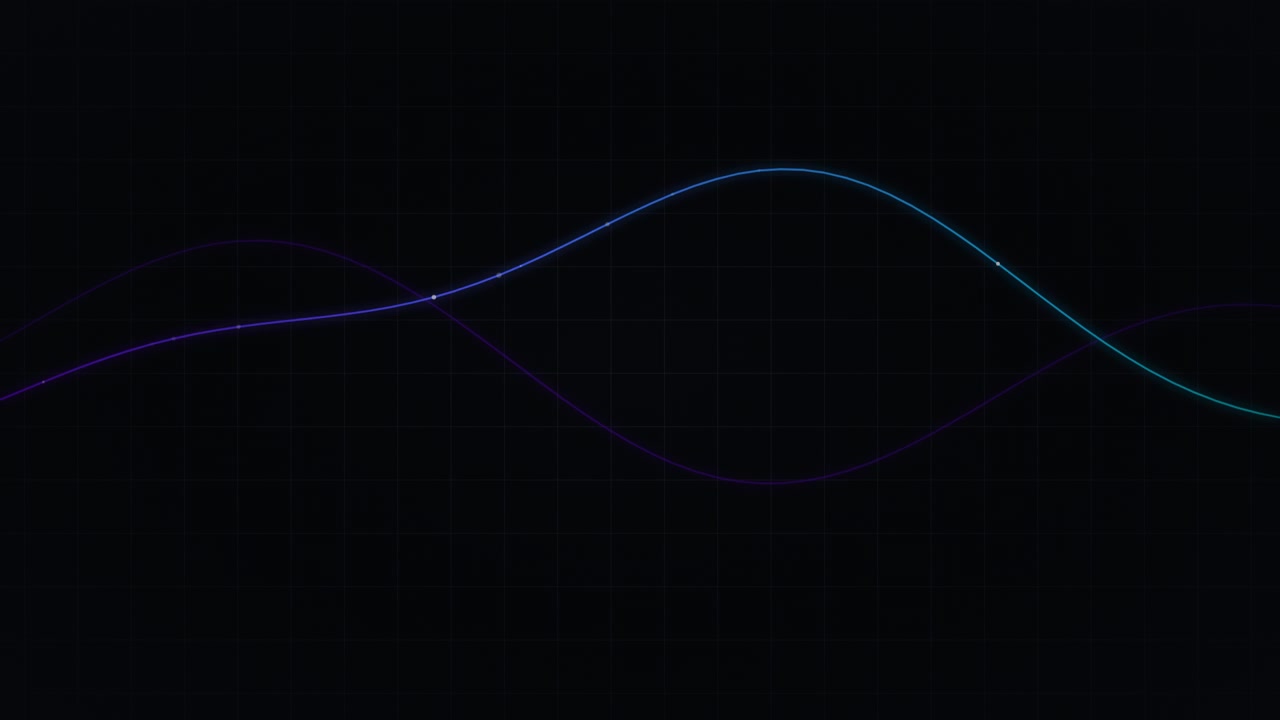 Abstract Animated Sine Waves with Glowing Particles on Dark Grid Background