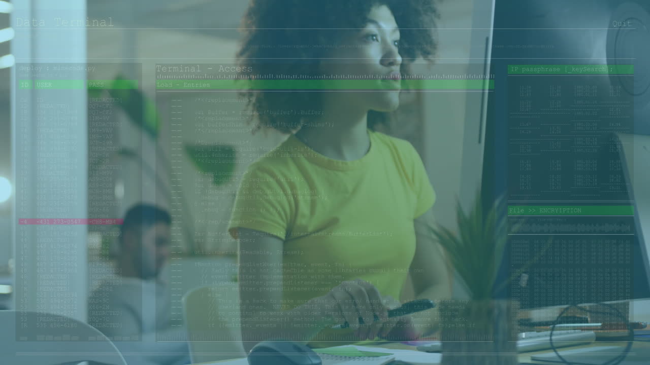 Animation of data processing over diverse business people in office