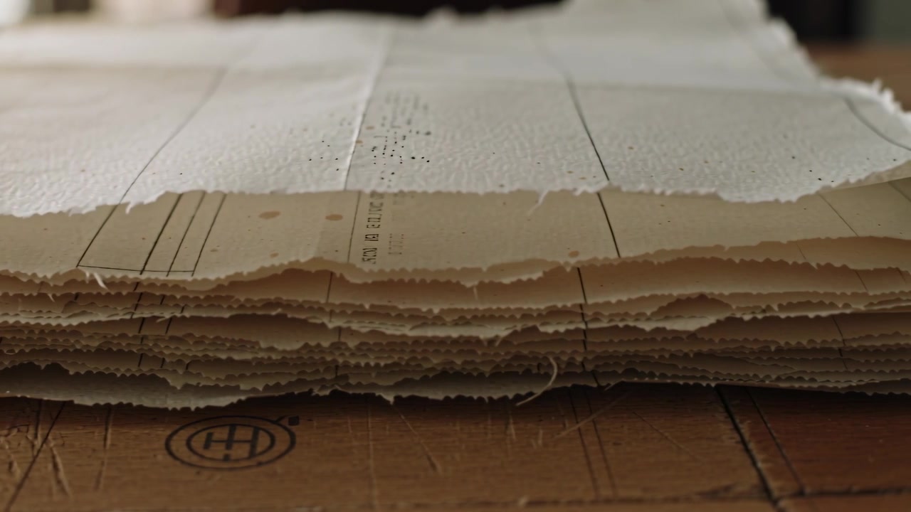 Revealing deckle paper stack lifting with focus shifting at bench showing tiny dots and kraft stamp