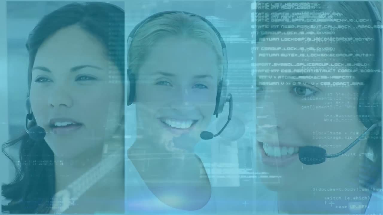 Animazione di elaborazione dati su persone diverse che usano auricolari telefonici e lavorano in un call center.