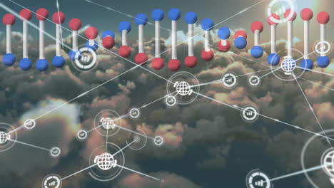 animación de la red de conexiones con íconos sobre el giro de la cadena de adn