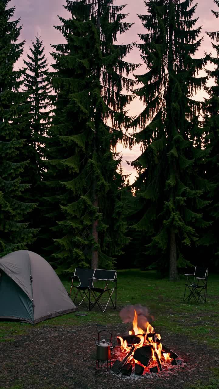 En fredfyldt campingscene med et telt og lejrbål i en skov. Optaget fra en lav engel, der fanger høje