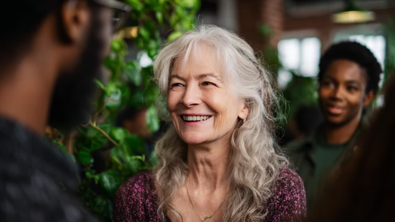 Captivating Interaction: An Engaging Moment Between Two Individuals in a Lively Gathering, Featuring a Joyful Older Woman Sharing a Smile with a Thematic Background of Greenery and Community Vibes