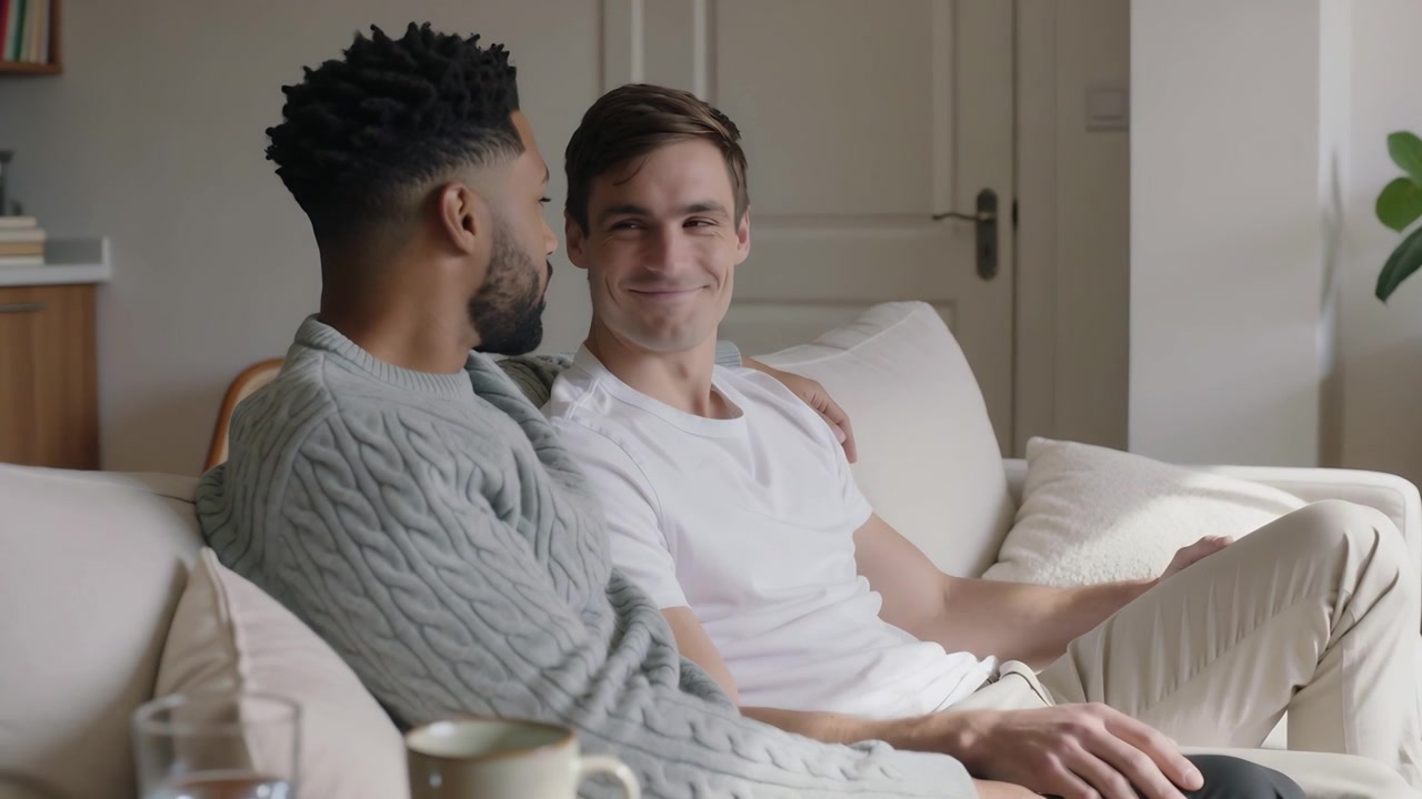 Com o olhar fixo, dois homens vestindo suéter cinza e camiseta branca, sorrindo e encostados no sofá com uma caneca