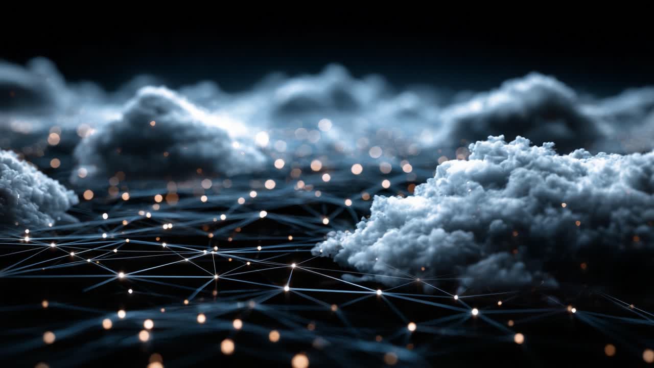 A Dreamy Landscape of Cloudy Nodes and Illuminated Connections in a Digital Atmosphere, Merging Nature and Technology in an Ethereal Display