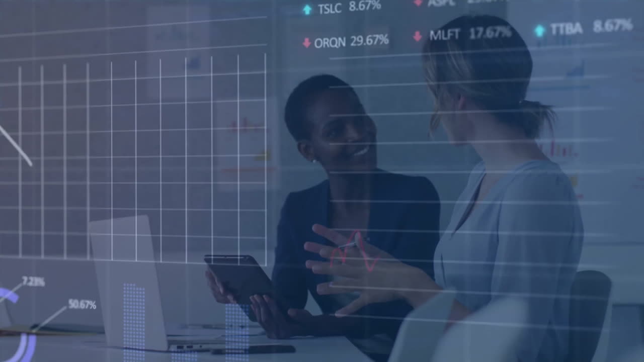 Animation of financial data processing over diverse business people in office