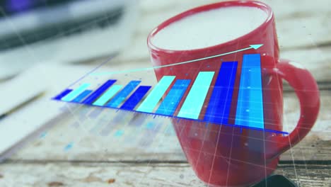 animación de flecha en gráfico de barras en crecimiento con portátil, bloc de notas, taza de leche y teléfono celular en la mesa