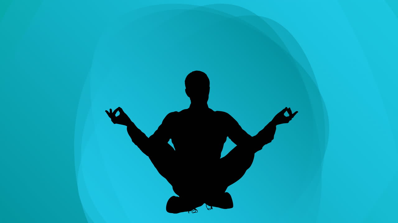 animación de un hombre meditando silueta sobre fondo azul