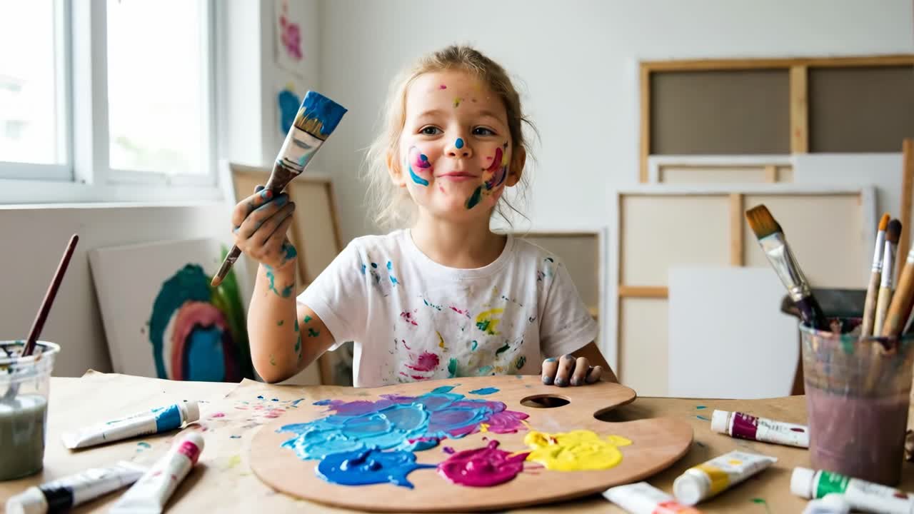 Menina feliz pintando com cores vibrantes em estúdio de arte