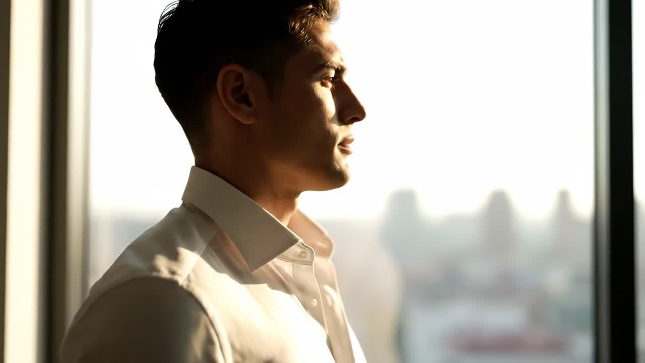 Man in white dress shirt looking out window