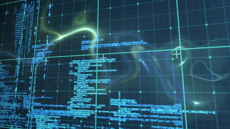 Programming code and data visualization animating over grid background