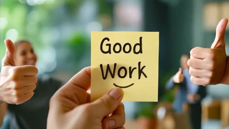 a person holding a sticky note with the words good work written on it