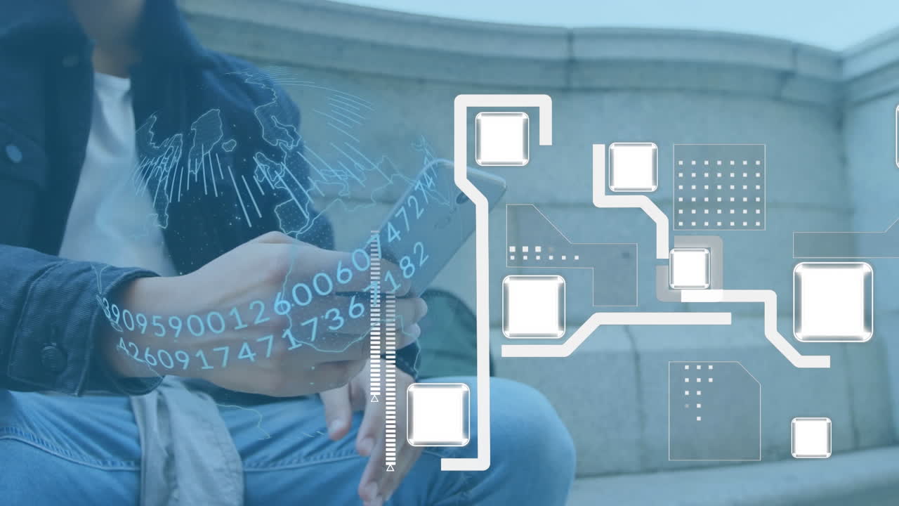 animación del globo y procesamiento de datos sobre el hombre usando teléfono inteligente