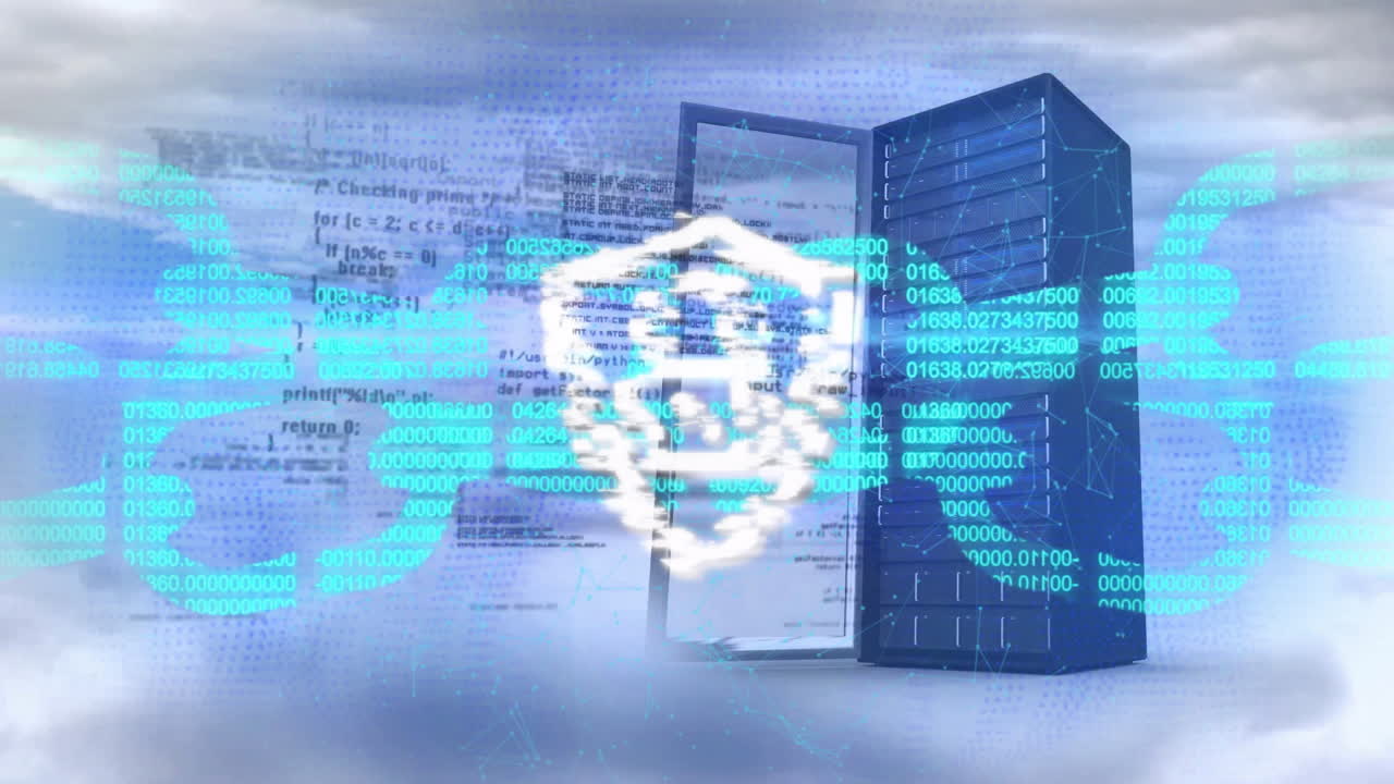 animación de bloqueo de ciberseguridad sobre servidores de datos y código binario