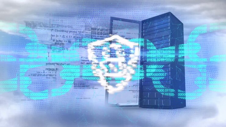 Cybersecurity lock animation over data servers and binary code