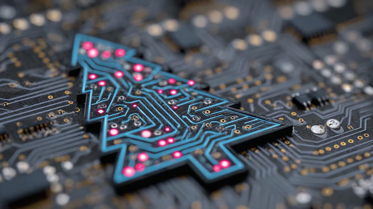 A Creative Fusion of Technology and Festivity: A Close-Up View of a Circuit Board Shaped Like a Christmas Tree, Symbolizing Innovation and Holiday Spirit
