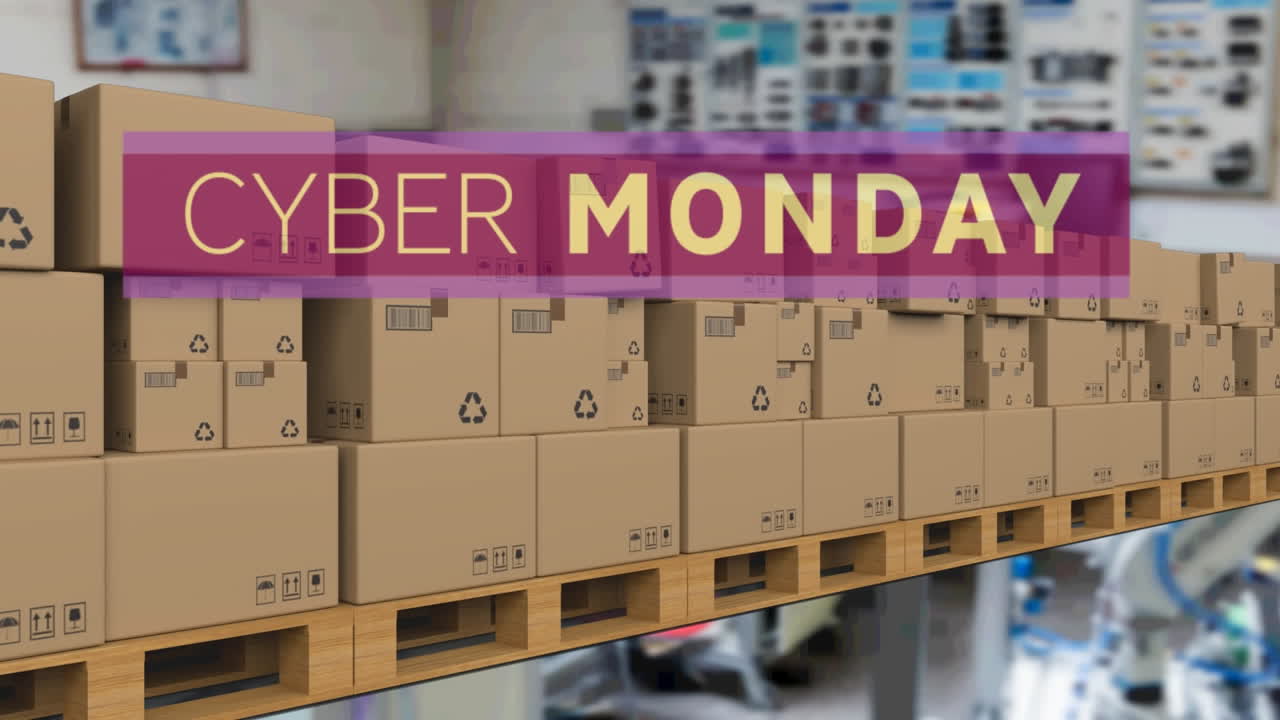 컨베이어 벨트에 있는 카드보드 상자 위에 있는 사이버 월요일 텍스트의 애니메이션