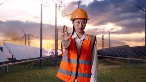 asian female engineer with safety helmet disapproving with no hand sign with solar panel and wind turbines