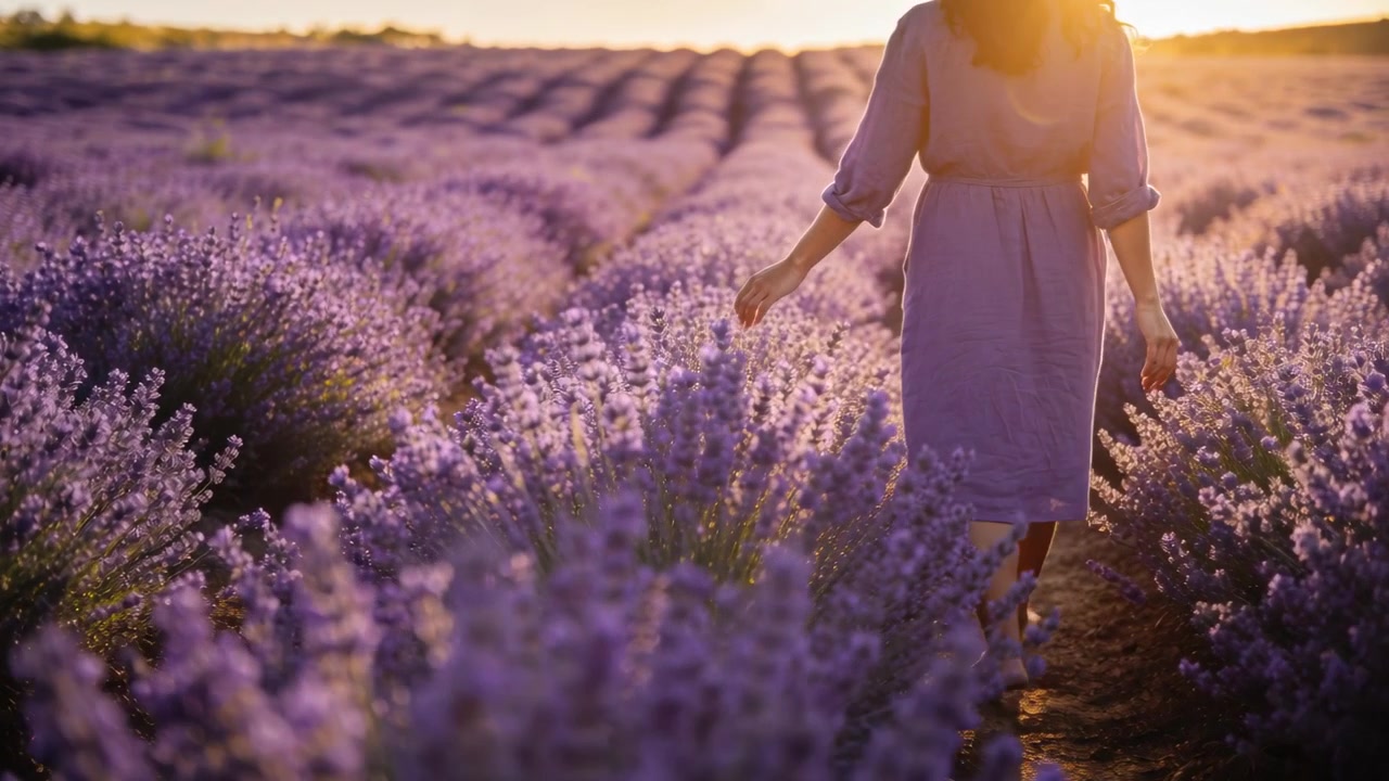 Donna che cammina con un vestito viola, avanzando lungo un sentiero tra la lavanda, con una sciarpa vicino alla gamba, la telecamera che la segue.