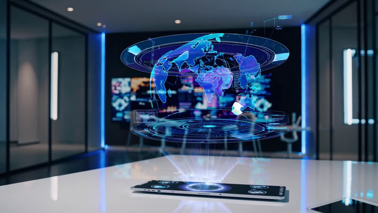 Futuristic office scene with a holographic globe projection on a desk