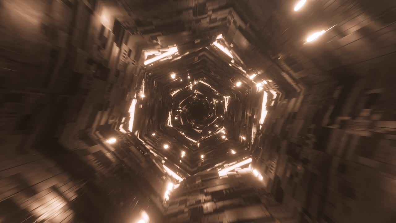 Volo infinito in un tunnel digitale neon futuristico e tecnologico nello spazio. Illuminazione calda. Rendering 3D in loop continuo.