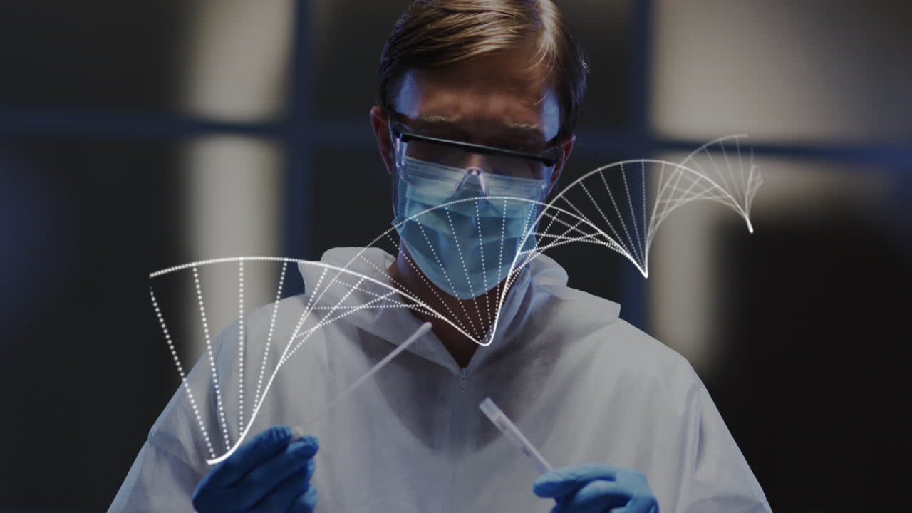 animación de una cadena de adn sobre un médico caucásico haciendo una prueba de covid.