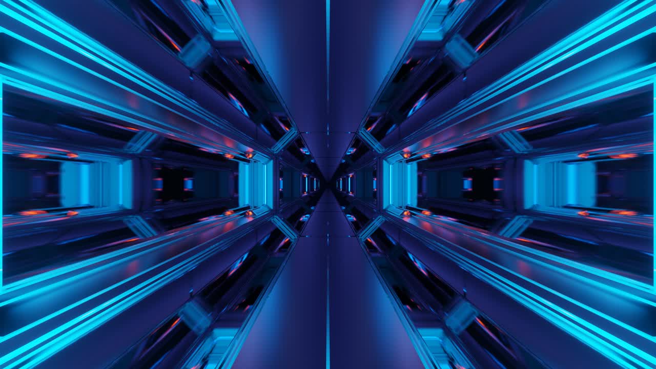 Retro style augmented reality of spaceship hallway with blue hue, motion graphic of VJ loops, 3D, motion graphic