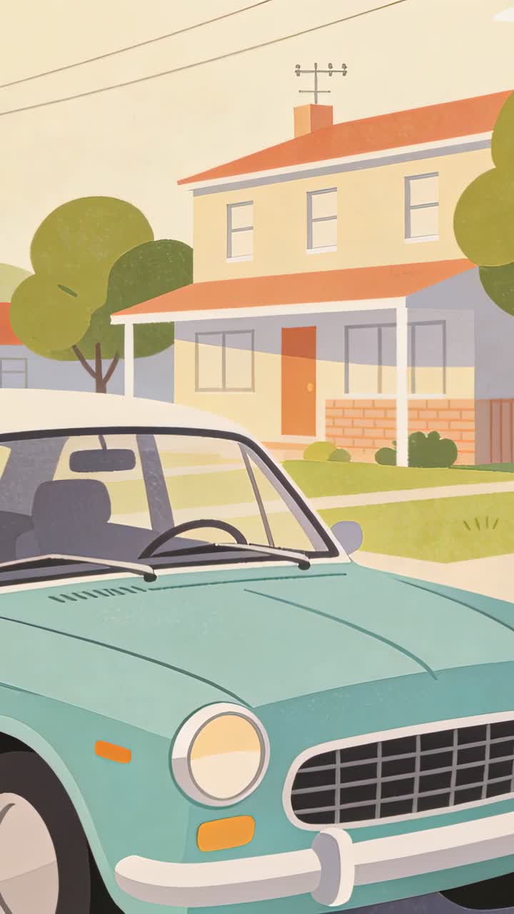 Video verticale: Zoom indietro che rivela un'auto color verde acqua parcheggiata sul marciapiede di un quartiere residenziale, mostrando una casa color crema.
