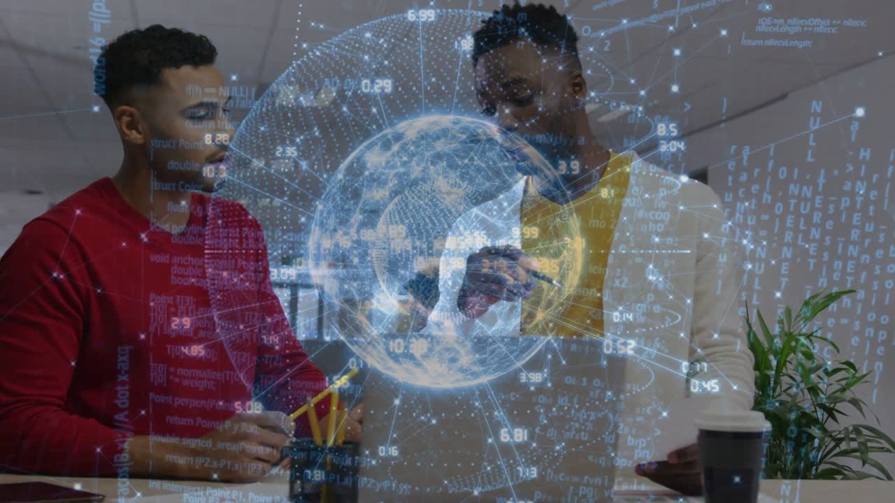 Red-sweater man reaching pencil cup pointing laptop, business team reviewing floating globe overlay