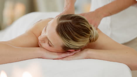 spa, back massage and woman with masseur to relax