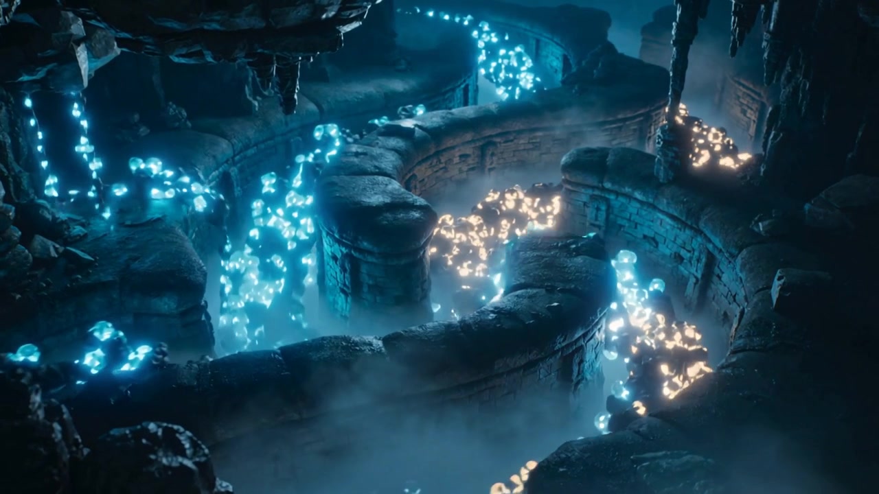 Partendo dall'alto dietro, sfere ciano che scorrono, unendosi poi a quelle ambra attraverso canali, illuminando la grotta.