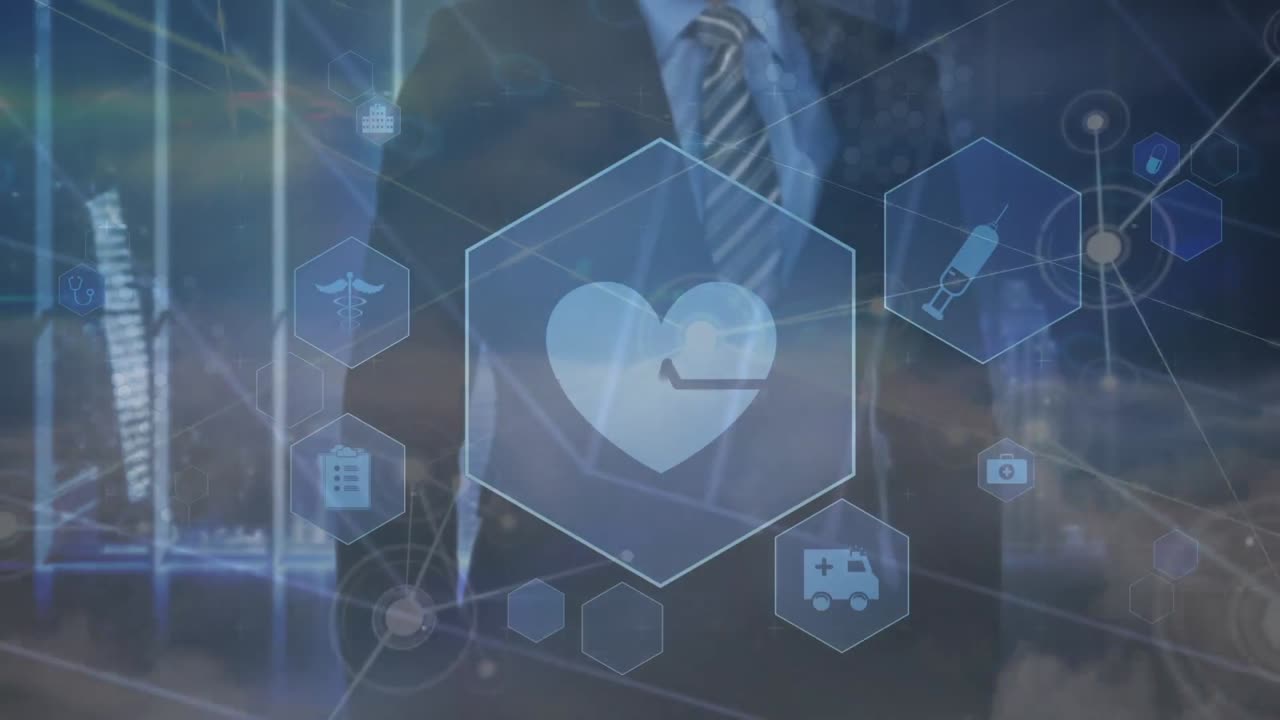 화면을 사용하여 코카시안 사업가에 대한 의료 아이콘과의 연결 네트워크의 애니메이션