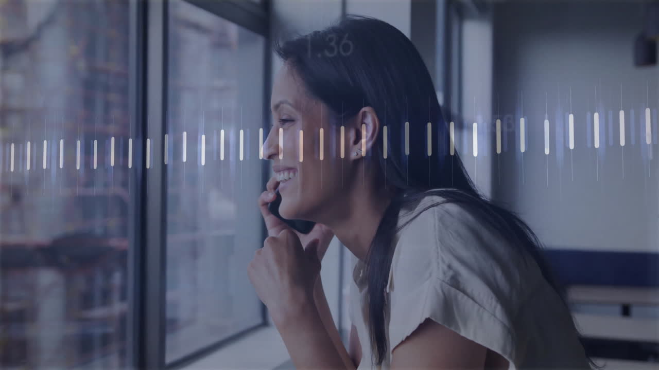 Smiling woman on phone with sound wave animation over city view