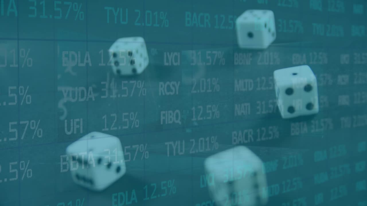animación del procesamiento de datos financieros sobre el juego de dados cayendo