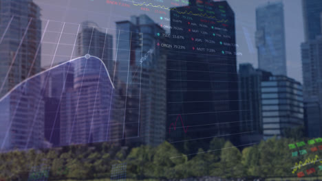 animación de gráficos financieros sobre el paisaje urbano